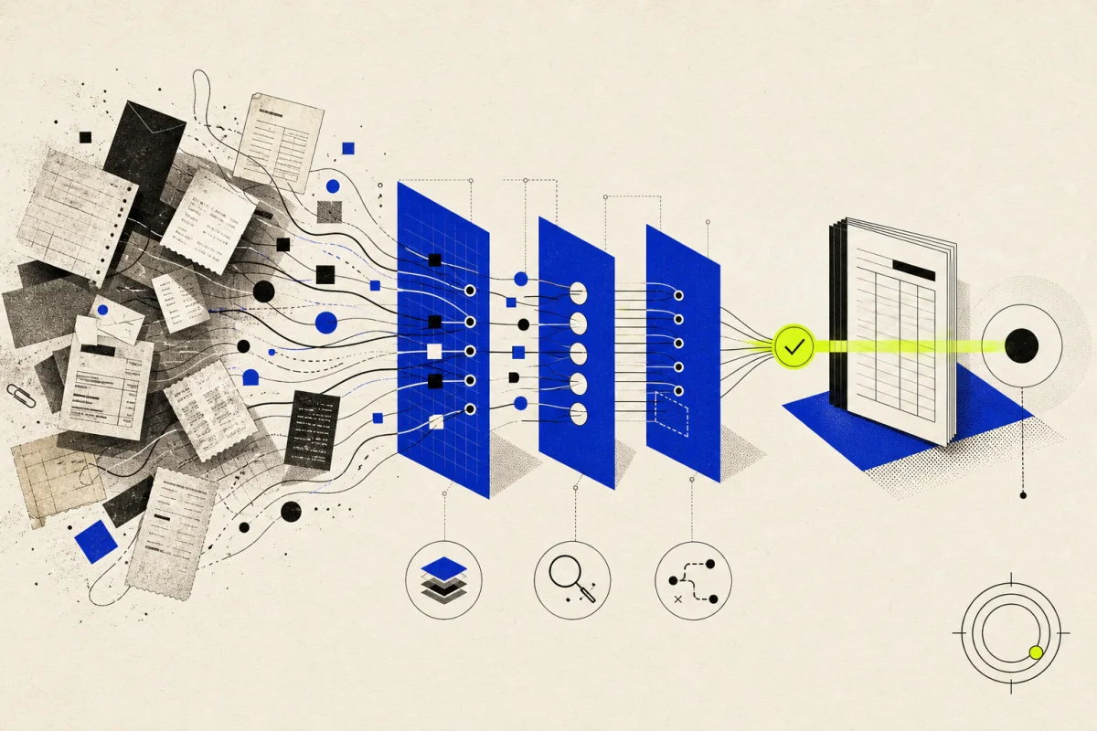 Messy invoices and records flowing through blue reconciliation gates into a verified system of record.