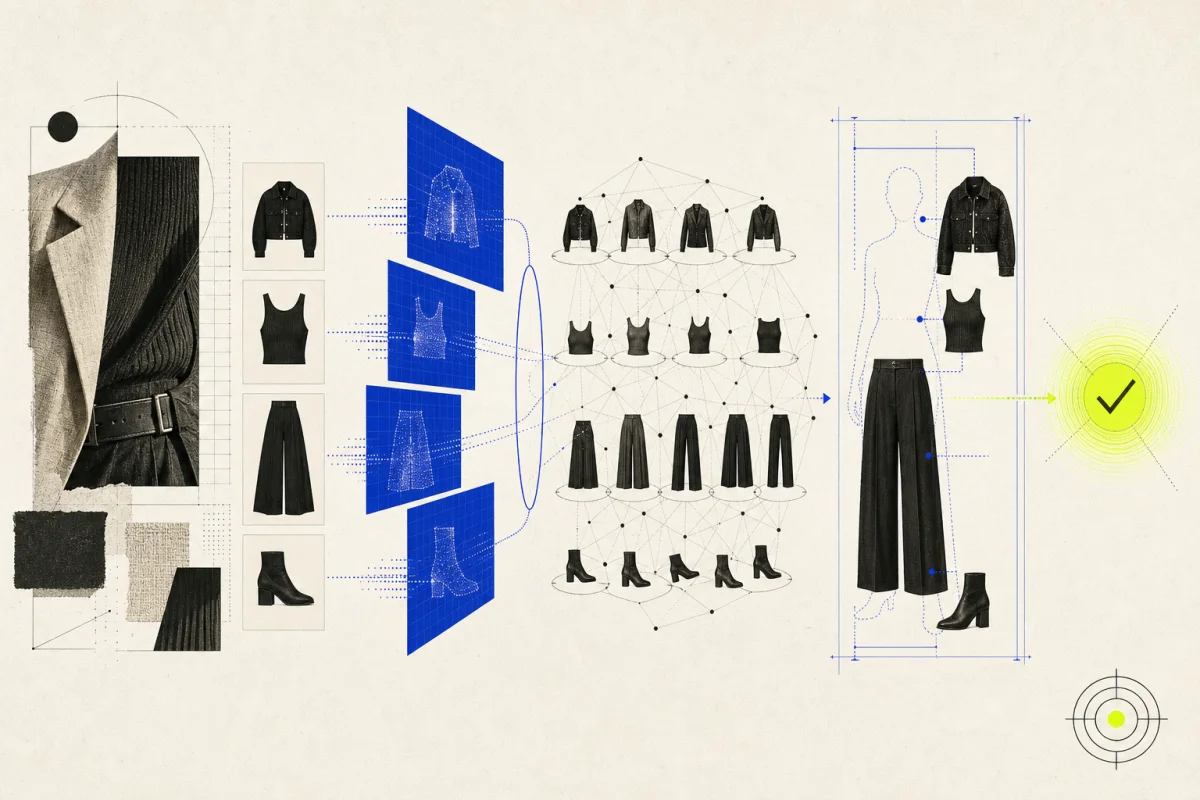 Fashion inspiration moving through visual search and multi-store matching into a coordinated virtual outfit.