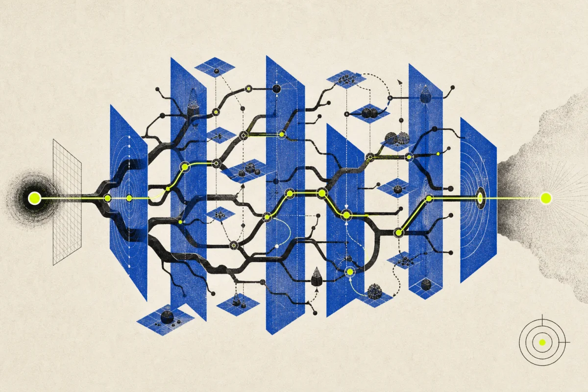 A chartreuse signal finding a reliable path through a branching agent-state architecture.